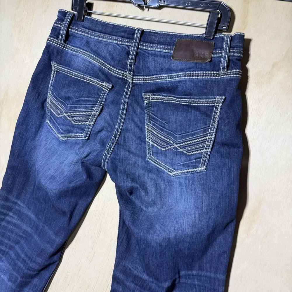 BKE Carter Mens Jeans 33R Bootleg Medium Wash Thick Stitch Western Denim